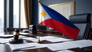 A high-definition image of the Philippine flag resting on a polished wooden desk, surrounded by contract papers and a gavel, set in a professional office environment. The scene features realistic gold and blue tones, with sharp details and clear text, reflecting an August 2025 legal context, resized to 600 x 336 pixels with no compression artifacts