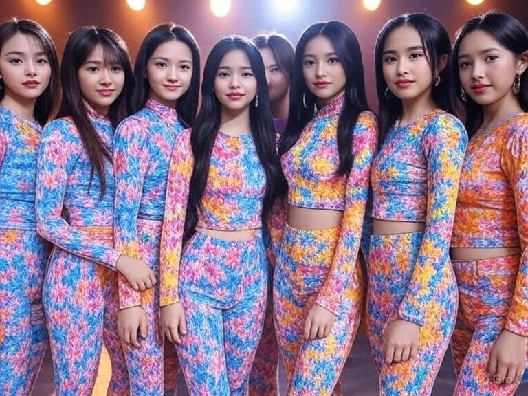 A vibrant group photo of Dustin Yu and Bianca De Vera, known as DustBia, standing side by side with six other performers on a stage, all wearing colorful, patterned outfits in shades of blue, pink, orange, and yellow, with a warm, softly lit background featuring glowing lights