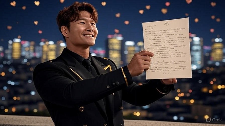 A unique ultra HD image of Kim Jong Kook in a celebratory pose, holding a handwritten marriage announcement letter, set against a romantic Seoul skyline at night with golden lights. He wears a stylish black suit with gold accents, surrounded by subtle heart-shaped confetti, reflecting an August 2025 context, resized to 600 x 336 pixels with sharp details and no compression artifacts