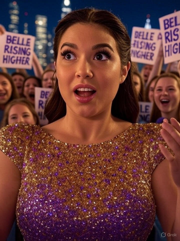 A vibrant ultra HD image of Belle Mariano standing triumphantly with a glowing city skyline at night as the backdrop, wearing a sparkling dress in shades of gold and purple. She is surrounded by cheering fans holding signs that read "BELLE RISING HIGHER," capturing her rise to stardom in 2025