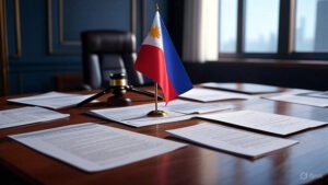 Philippine Flag on Desk with Contract Papers and Gavel
