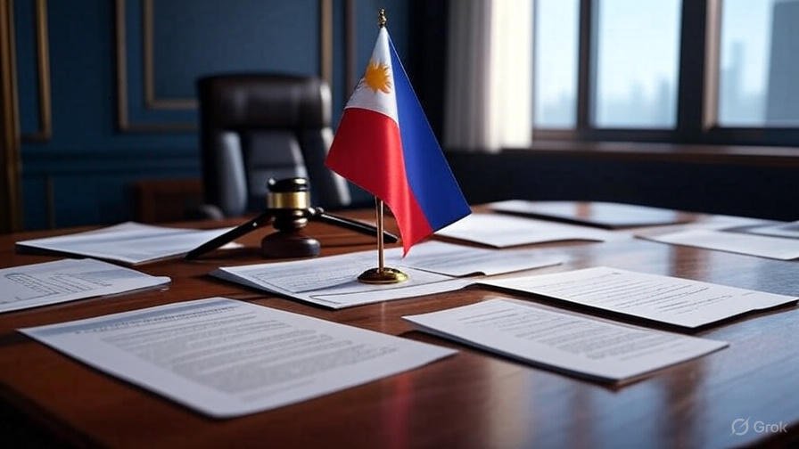 Philippine Flag on Desk with Contract Papers and Gavel