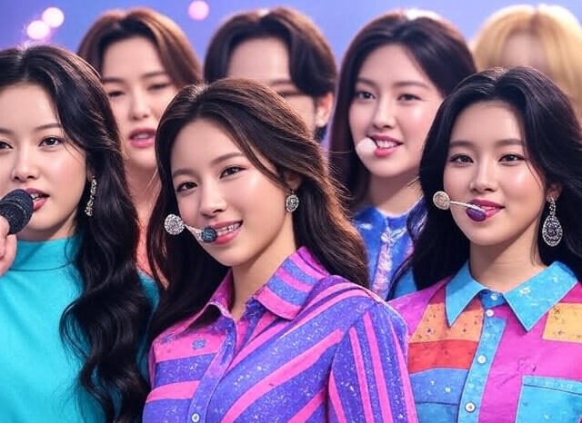 A vibrant group photo of BINI, the rising P-Pop girl group from the Philippines, featuring eight young women smiling confidently in colorful, patterned outfits with shades of blue, pink, orange, and yellow, standing together on a stage with a blurred background of warm lights