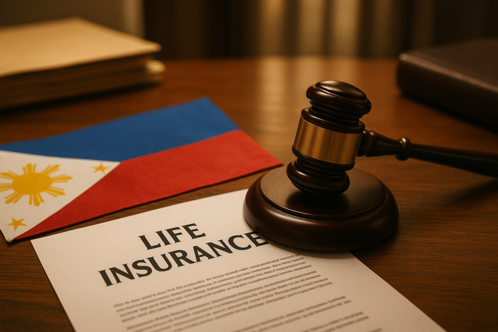 Life insurance document with a gavel and Philippine flag on a wooden desk in a professional office setting