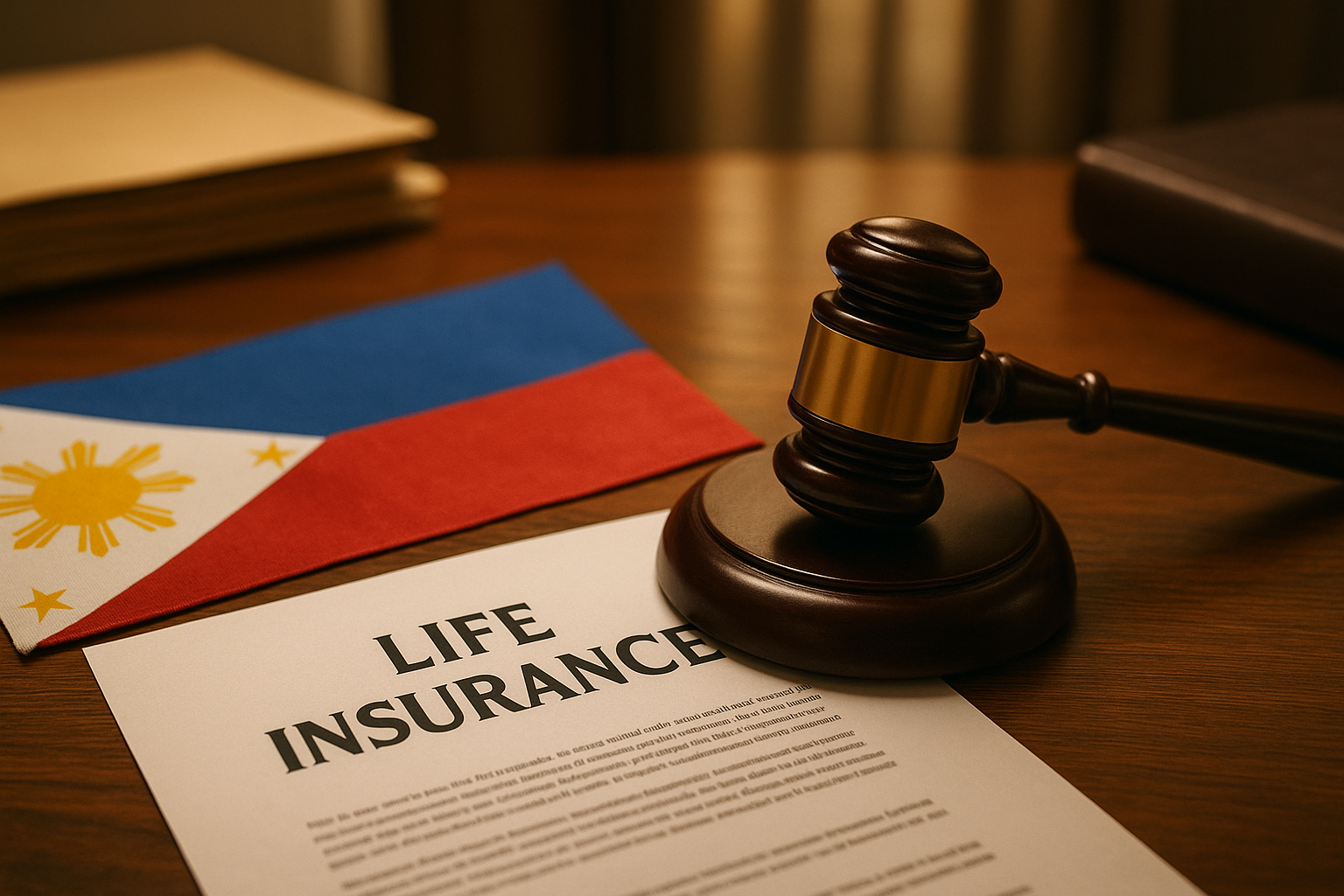 Life insurance document with a gavel and Philippine flag on a wooden desk in a professional office setting