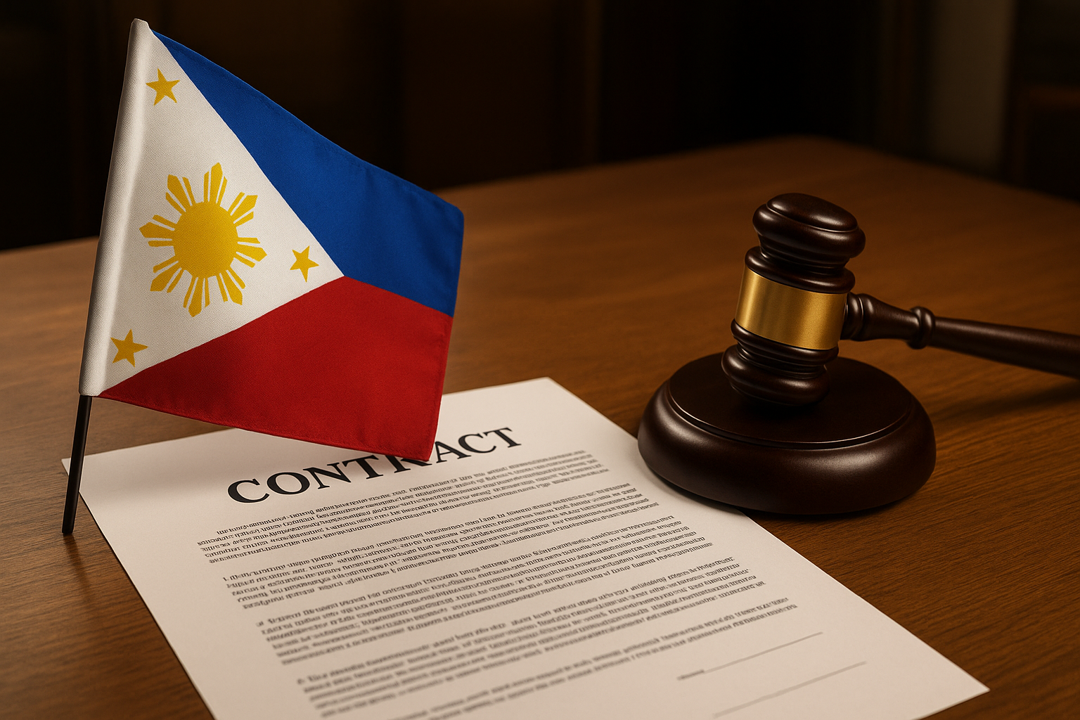 Philippine flag on a wooden desk with legal contract papers and gavel in a professional office setting, symbolizing insurance and law