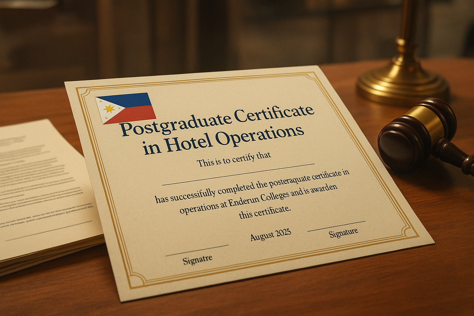 Postgraduate Certificate in Hotel Operations from Enderun Colleges with Philippine flag, contract papers, and gavel on a wooden desk