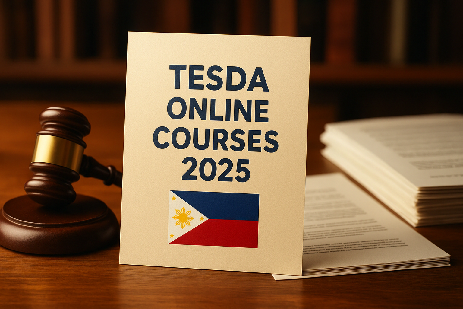 TESDA Online Courses 2025 certificate with Philippine flag on wooden desk in professional office setting