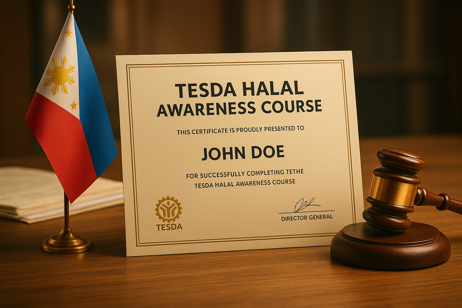 A certificate for the "TESDA Halal Awareness Course" awarded to "John Doe" is displayed on a wooden desk, next to a small flag of the Philippines and a wooden gave
