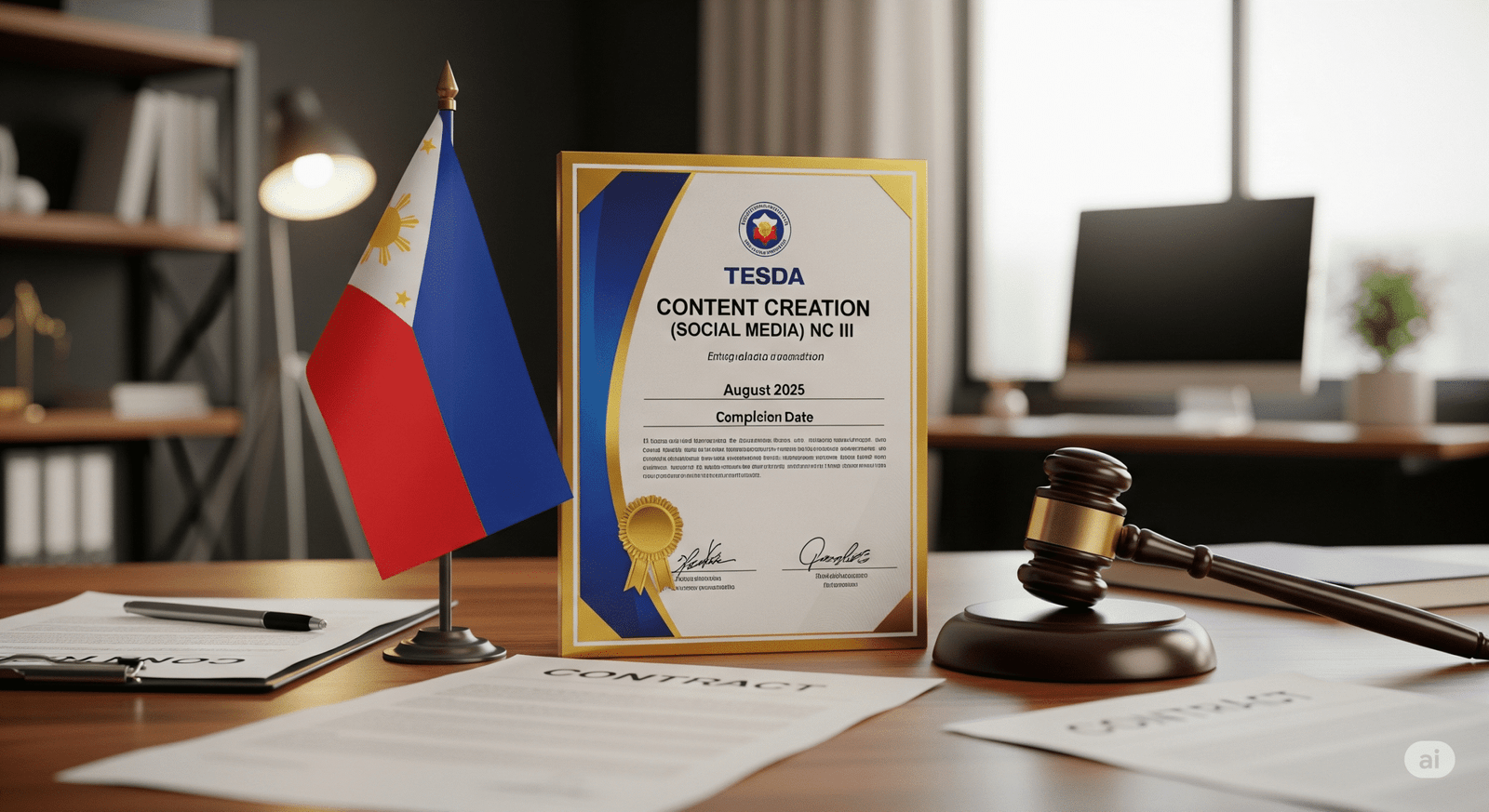 A framed certificate for the "TESDA Content Creation (Social Media) NC III" on a wooden office desk next to a Philippine flag, a gavel, and contract papers