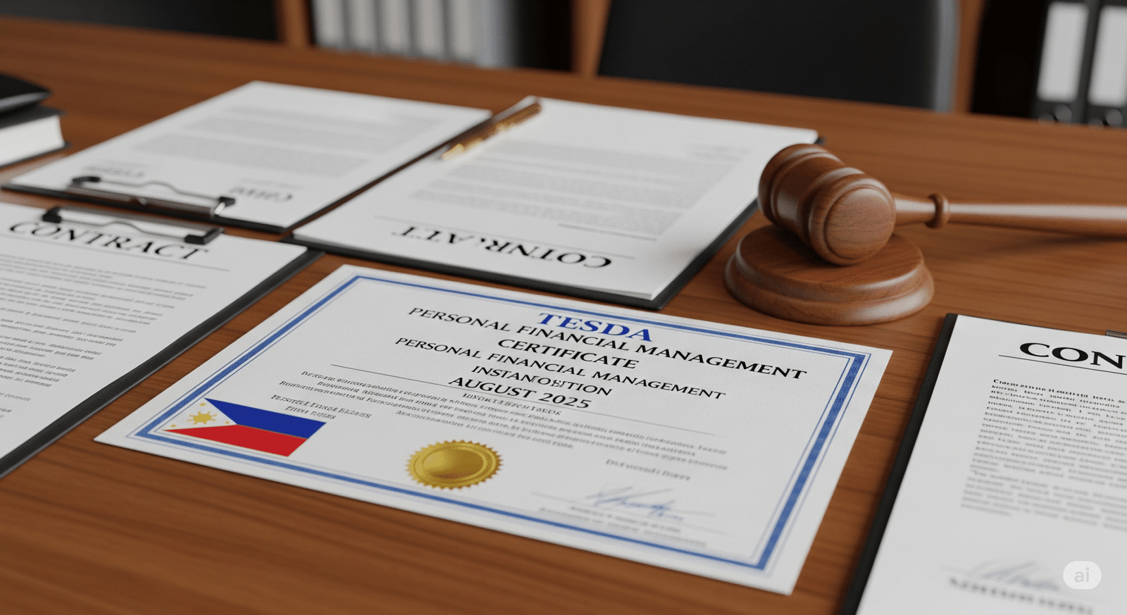 A TESDA Personal Financial Management certificate from August 2025 on a wooden office desk, surrounded by contract papers and a wooden gavel.