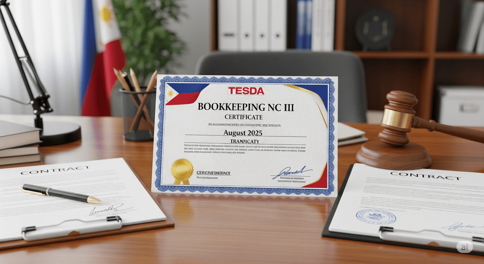 A TESDA Bookkeeping NC III certificate from August 2025 is displayed on a professional office desk, accompanied by a Philippine flag, contract documents, and a gavel.