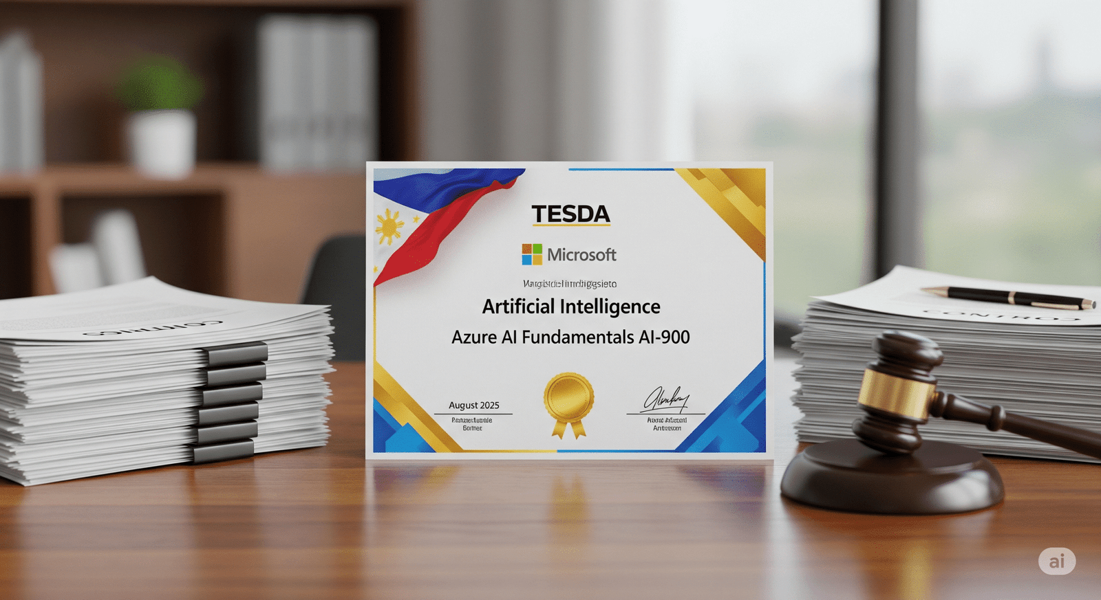A TESDA and Microsoft co-branded certificate for Azure AI Fundamentals (AI-900) on a professional desk, next to a gavel and stacks of documents