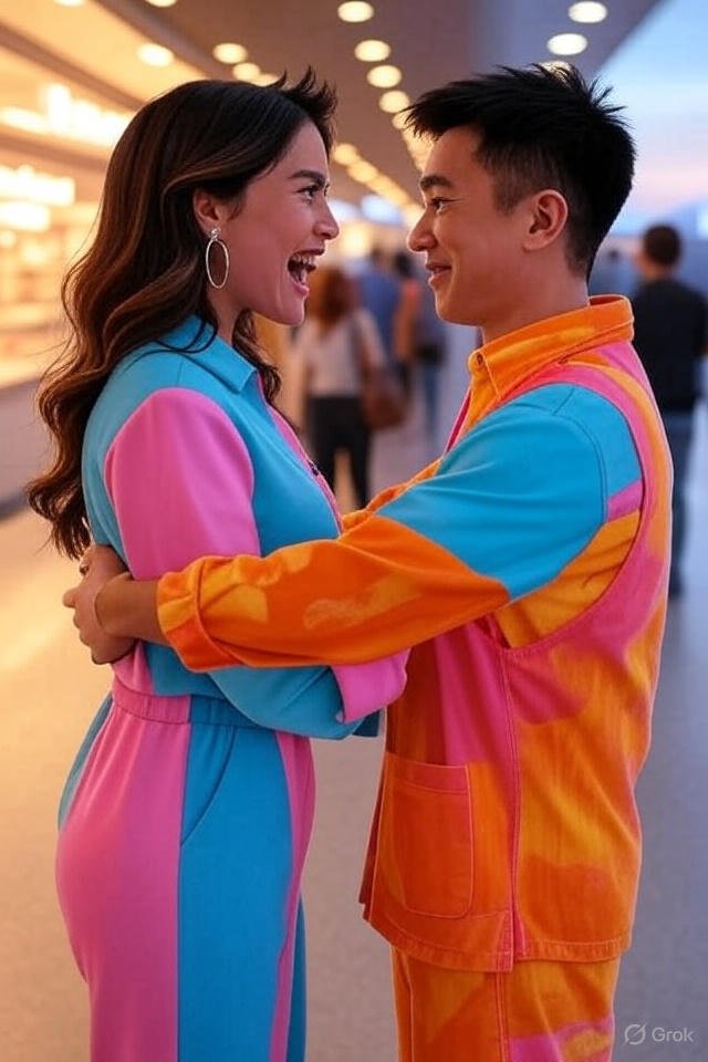 A vibrant ultra HD image of Bianca De Vera and Dustin Yu sharing a heartfelt reunion moment at an airport, with Bianca smiling excitedly as Dustin approaches to pick her up. Both are dressed in colorful patterned outfits featuring shades of blue, pink, orange, and yellow, set against a warm, softly lit airport background with blurred figures in the distance