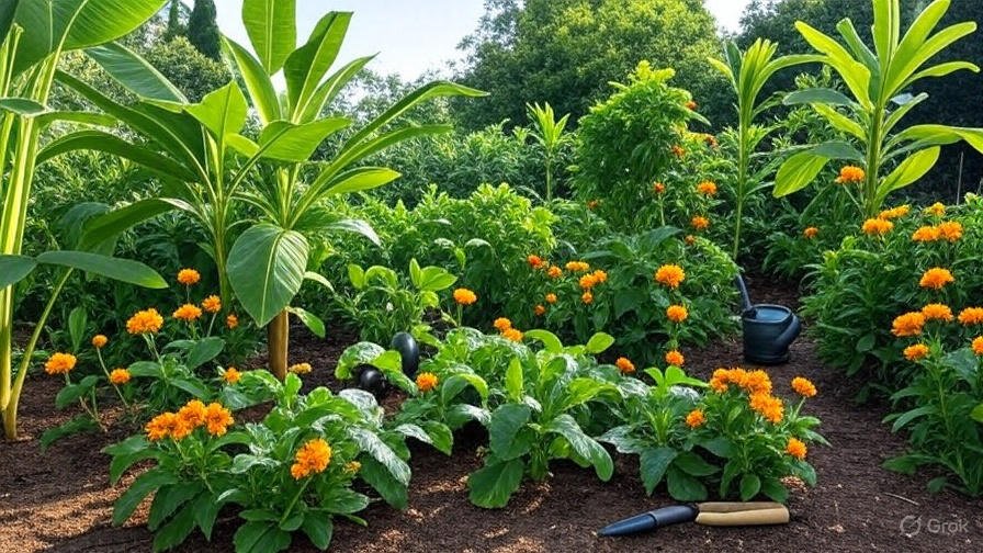 image of a vibrant tropical garden featuring kangkong, talong, and marigolds, with a trowel and watering can visible among the lush greenery, showcasing "vegetable plants grow a garden 2025" with tools and tropical plants, sharp details, no compression artifacts