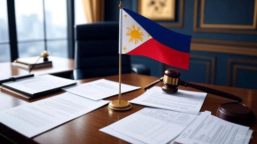 Alt Text: Philippine flag prominently displayed on a wooden desk in a professional office setting, surrounded by scattered contract papers and a wooden gavel, evoking themes of national pride, legal business practices, and career advancement in graduate programs at De La Salle-College of Saint Benilde, with gold and blue tones highlighting a realistic